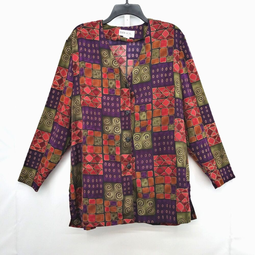 Briggs New York Blouse Women Size 2XL Purple Red Long Sleeve Button Up Top